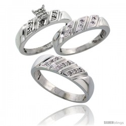 Sterling Silver Diamond Trio Wedding Ring Set His 6mm & Hers 5mm Rhodium finish -Style Ag016w3