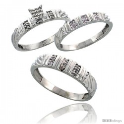 Sterling Silver Diamond Trio Wedding Ring Set His 5mm & Hers 3.5mm Rhodium finish -Style Ag017w3