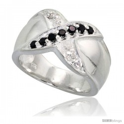 Sterling Silver "X" Crisscross Band, High Quality Black & White CZ Stones, 1/2 in (11 mm) wide