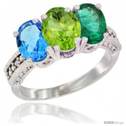 10K White Gold Natural Swiss Blue Topaz, Peridot & Emerald Ring 3-Stone Oval 7x5 mm Diamond Accent