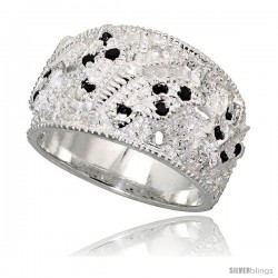 Sterling Silver Butterfly Dome Band, High Quality Black & White CZ Stones, 1/2 in (11 mm) wide