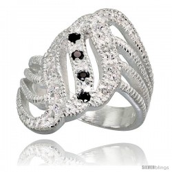 Sterling Silver Fan-shaped Ring, High Quality Black & White CZ Stones, 7/8 in (23 mm) wide