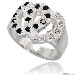 Sterling Silver Double Heart Ring, High Quality Black & White CZ Stones, 1/2 in (13 mm) wide