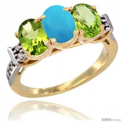 10K Yellow Gold Natural Turquoise & Peridot Sides Ring 3-Stone Oval 7x5 mm Diamond Accent