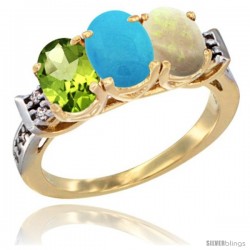 10K Yellow Gold Natural Peridot, Turquoise & Opal Ring 3-Stone Oval 7x5 mm Diamond Accent