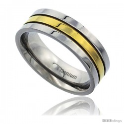 Titanium 7mm Flat Wedding Band Ring Gold Stripe Center polished Finish Comfort-fit