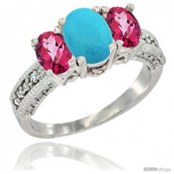 14k White Gold Ladies Oval Natural Turquoise 3-Stone Ring with Pink Topaz Sides Diamond Accent