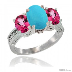 14K White Gold Ladies 3-Stone Oval Natural Turquoise Ring with Pink Topaz Sides Diamond Accent