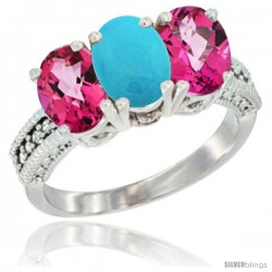 14K White Gold Natural Turquoise & Pink Topaz Ring 3-Stone 7x5 mm Oval Diamond Accent