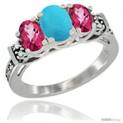 14K White Gold Natural Turquoise & Pink Topaz Ring 3-Stone Oval with Diamond Accent