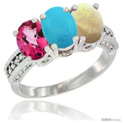 14K White Gold Natural Pink Topaz, Turquoise & Opal Ring 3-Stone 7x5 mm Oval Diamond Accent