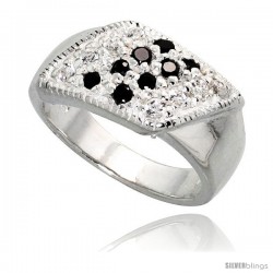 Sterling Silver Rhombus Ring, High Quality Black & White CZ Stones, 3/8 in (9 mm) wide