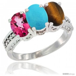 14K White Gold Natural Pink Topaz, Turquoise & Tiger Eye Ring 3-Stone 7x5 mm Oval Diamond Accent