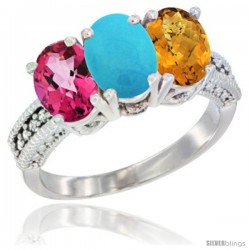 14K White Gold Natural Pink Topaz, Turquoise & Whisky Quartz Ring 3-Stone 7x5 mm Oval Diamond Accent