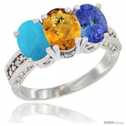 14K White Gold Natural Turquoise, Whisky Quartz & Tanzanite Ring 3-Stone 7x5 mm Oval Diamond Accent