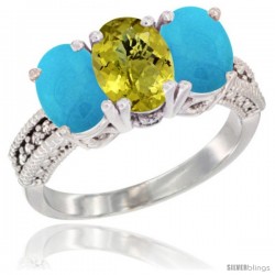 14K White Gold Natural Lemon Quartz & Turquoise Sides Ring 3-Stone 7x5 mm Oval Diamond Accent