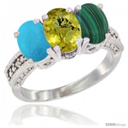 14K White Gold Natural Turquoise, Lemon Quartz & Malachite Ring 3-Stone 7x5 mm Oval Diamond Accent