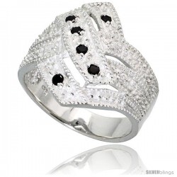 Sterling Silver Diamond-shaped Ring, High Quality Black & White CZ Stones, 3/4 in (18 mm) wide, size 6