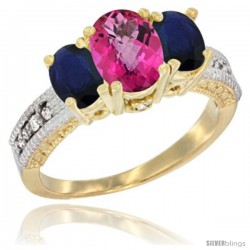 14k Yellow Gold Ladies Oval Natural Pink Topaz 3-Stone Ring with Blue Sapphire Sides Diamond Accent