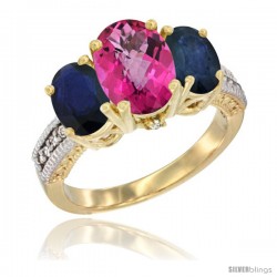 14K Yellow Gold Ladies 3-Stone Oval Natural Pink Topaz Ring with Blue Sapphire Sides Diamond Accent