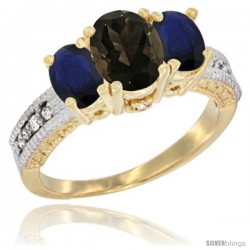 14k Yellow Gold Ladies Oval Natural Smoky Topaz 3-Stone Ring with Blue Sapphire Sides Diamond Accent