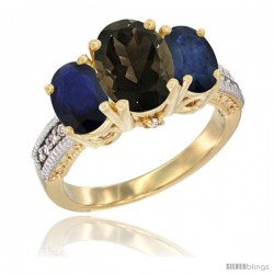 14K Yellow Gold Ladies 3-Stone Oval Natural Smoky Topaz Ring with Blue Sapphire Sides Diamond Accent