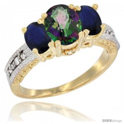 14k Yellow Gold Ladies Oval Natural Mystic Topaz 3-Stone Ring with Blue Sapphire Sides Diamond Accent