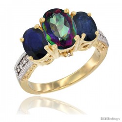 14K Yellow Gold Ladies 3-Stone Oval Natural Mystic Topaz Ring with Blue Sapphire Sides Diamond Accent