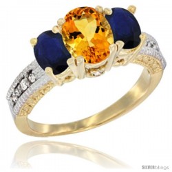 14k Yellow Gold Ladies Oval Natural Citrine 3-Stone Ring with Blue Sapphire Sides Diamond Accent