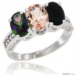 10K White Gold Natural Mystic Topaz, Morganite & Black Onyx Ring 3-Stone Oval 7x5 mm Diamond Accent