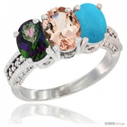 10K White Gold Natural Mystic Topaz, Morganite & Turquoise Ring 3-Stone Oval 7x5 mm Diamond Accent