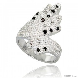 Sterling Silver Fan-shaped Ring, High Quality Black & White CZ Stones, 1 in (24 mm) wide