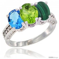 10K White Gold Natural Swiss Blue Topaz, Peridot & Malachite Ring 3-Stone Oval 7x5 mm Diamond Accent