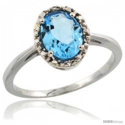 10k White Gold Diamond Halo Swiss Blue Topaz Ring 1.2 ct Oval Stone 8x6 mm, 1/2 in wide