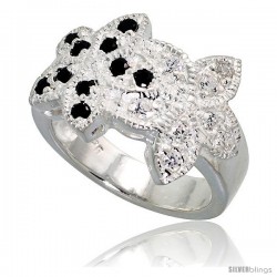 Sterling Silver Double Flower Ring, High Quality Black & White CZ Stones, 1/2 in (14 mm) wide