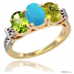 10K Yellow Gold Natural Peridot, Turquoise & Lemon Quartz Ring 3-Stone Oval 7x5 mm Diamond Accent