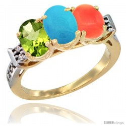 10K Yellow Gold Natural Peridot, Turquoise & Coral Ring 3-Stone Oval 7x5 mm Diamond Accent