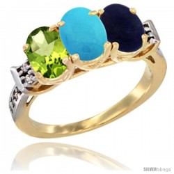 10K Yellow Gold Natural Peridot, Turquoise & Lapis Ring 3-Stone Oval 7x5 mm Diamond Accent