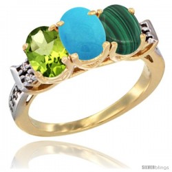 10K Yellow Gold Natural Peridot, Turquoise & Malachite Ring 3-Stone Oval 7x5 mm Diamond Accent