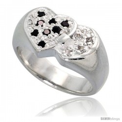 Sterling Silver Interlacing Hearts Ring, High Quality Black & White CZ Stones, 3/8 in (10 mm) wide