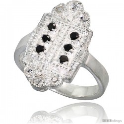 Sterling Silver Marquise-shaped Ring, High Quality Black & White CZ Stones, 3/4 in (19 mm) wide