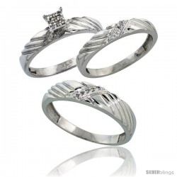 Sterling Silver Diamond Trio Wedding Ring Set His 5mm & Hers 3.5mm Rhodium finish -Style Ag018w3