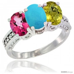 14K White Gold Natural Pink Topaz, Turquoise & Lemon Quartz Ring 3-Stone 7x5 mm Oval Diamond Accent