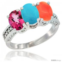 14K White Gold Natural Pink Topaz, Turquoise & Coral Ring 3-Stone 7x5 mm Oval Diamond Accent