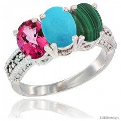 14K White Gold Natural Pink Topaz, Turquoise & Malachite Ring 3-Stone 7x5 mm Oval Diamond Accent