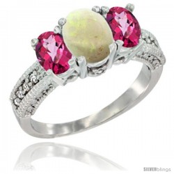 14k White Gold Ladies Oval Natural Opal 3-Stone Ring with Pink Topaz Sides Diamond Accent