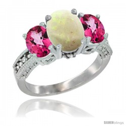 14K White Gold Ladies 3-Stone Oval Natural Opal Ring with Pink Topaz Sides Diamond Accent