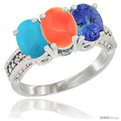 14K White Gold Natural Turquoise, Coral & Tanzanite Ring 3-Stone 7x5 mm Oval Diamond Accent