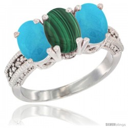 14K White Gold Natural Malachite & Turquoise Sides Ring 3-Stone 7x5 mm Oval Diamond Accent