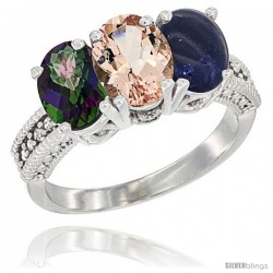 10K White Gold Natural Mystic Topaz, Morganite & Lapis Ring 3-Stone Oval 7x5 mm Diamond Accent